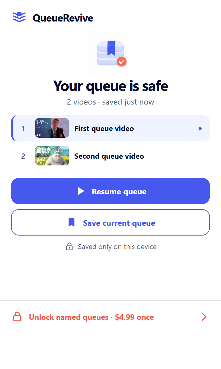 QueueRevive saved queue popup
